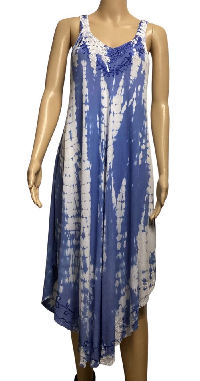 Island Beach Boho Tie Dye  Embroidered Lace Neckline Beach Sundress size S/M